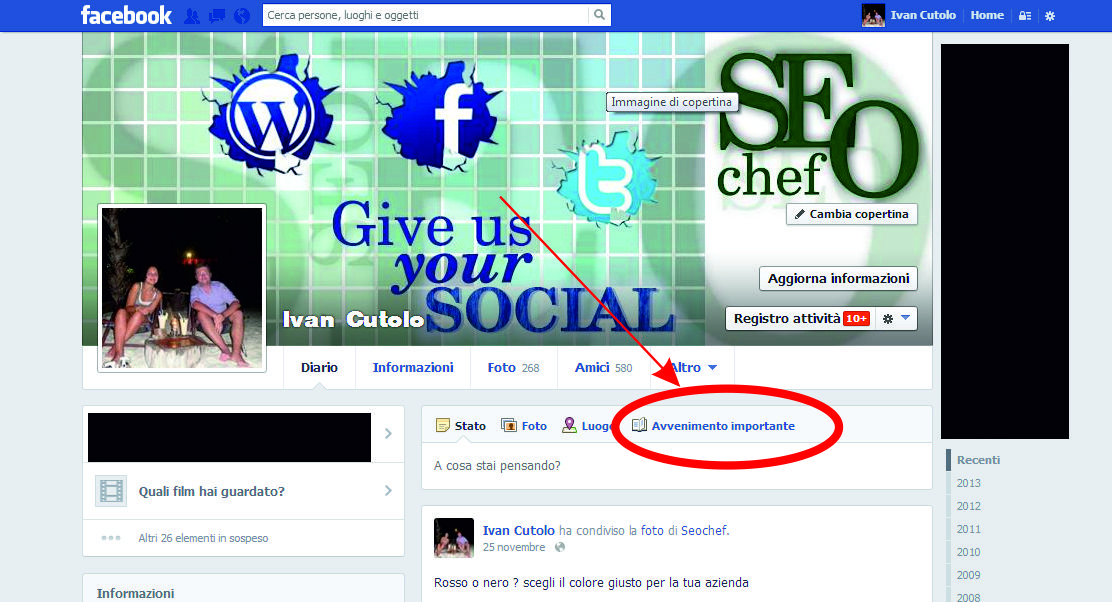 inserire avvenimento importante in facebook