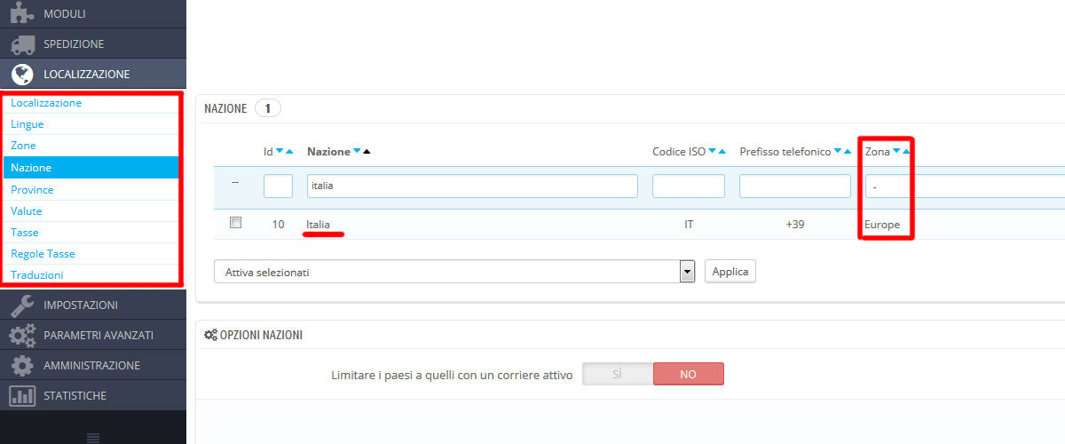 Configurazione nazioni prestashop