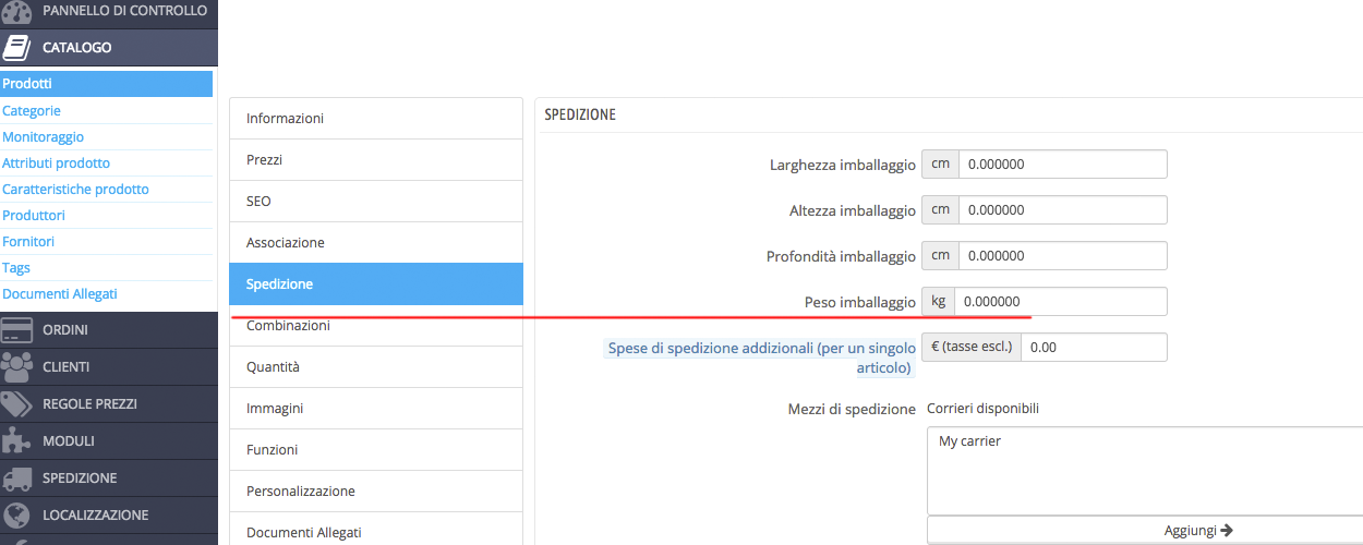 Spedizione peso prodotto Prestashop