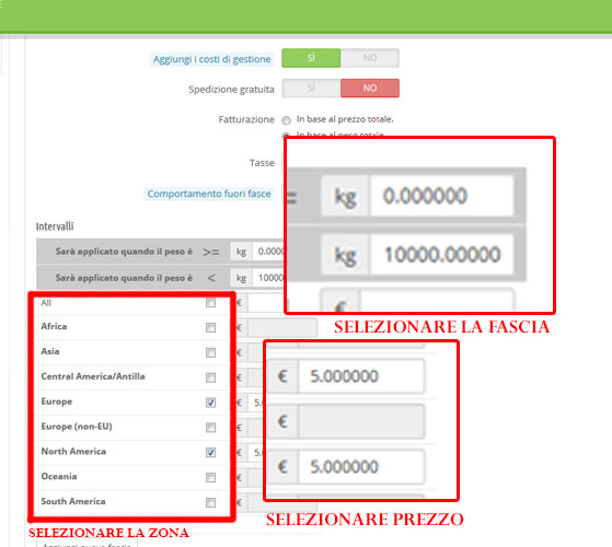 Tabella peso/prezzo spedizioni Prestashop