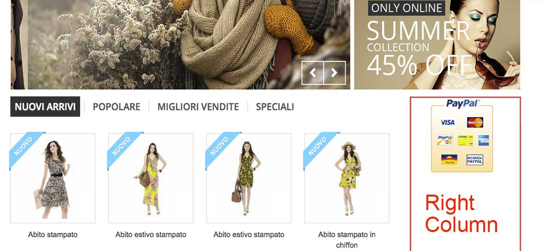 Prestashop homepage colonna di destra