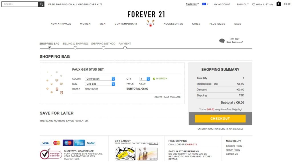 Forever 21 esempio checkout a step