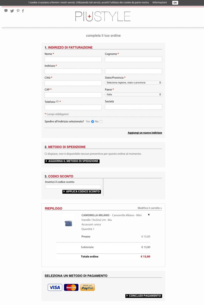 PiuStyle esempio one page checkout