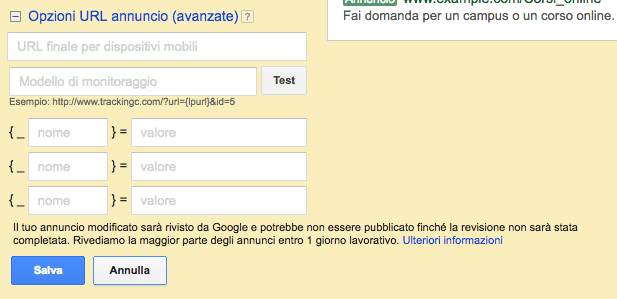 Impostare il modello di monitoraggio in Google AdWords a livello di singolo annuncio