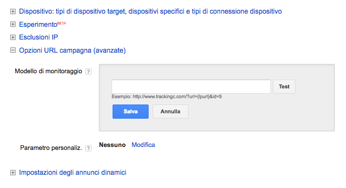 Impostare il modello di monitoraggio in Google AdWords a livello di campagna