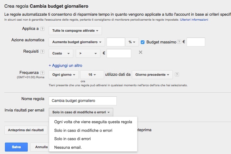 Notifica email regole automatizzate Google AdWords