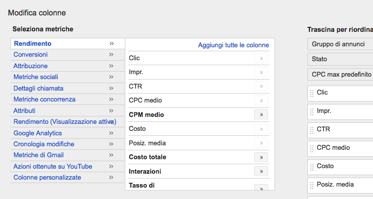 Aggiungere colonne avanzate in Google AdWords