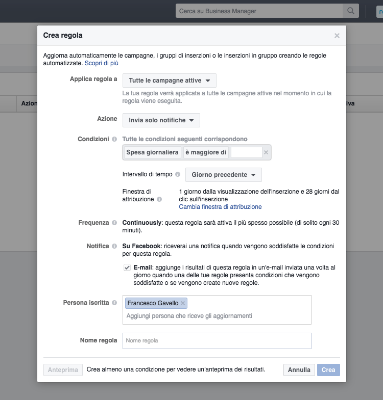 Regole automatizzate in Facebook Ads