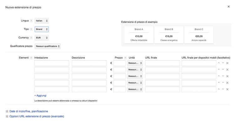 Aggiungere un'estensione di prezzo in Google AdWords