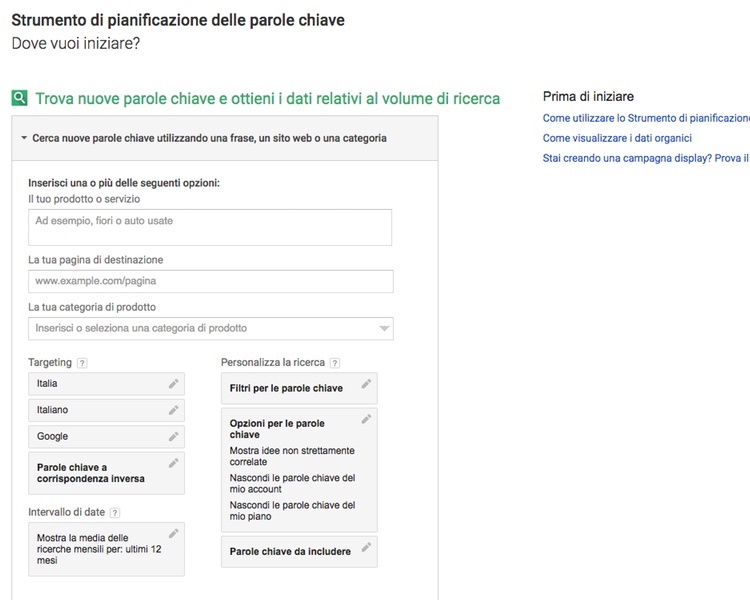 Strumento per le parole chiave di Google